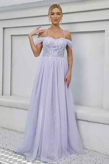 Vestido formal largo lila de tul de tul una línea